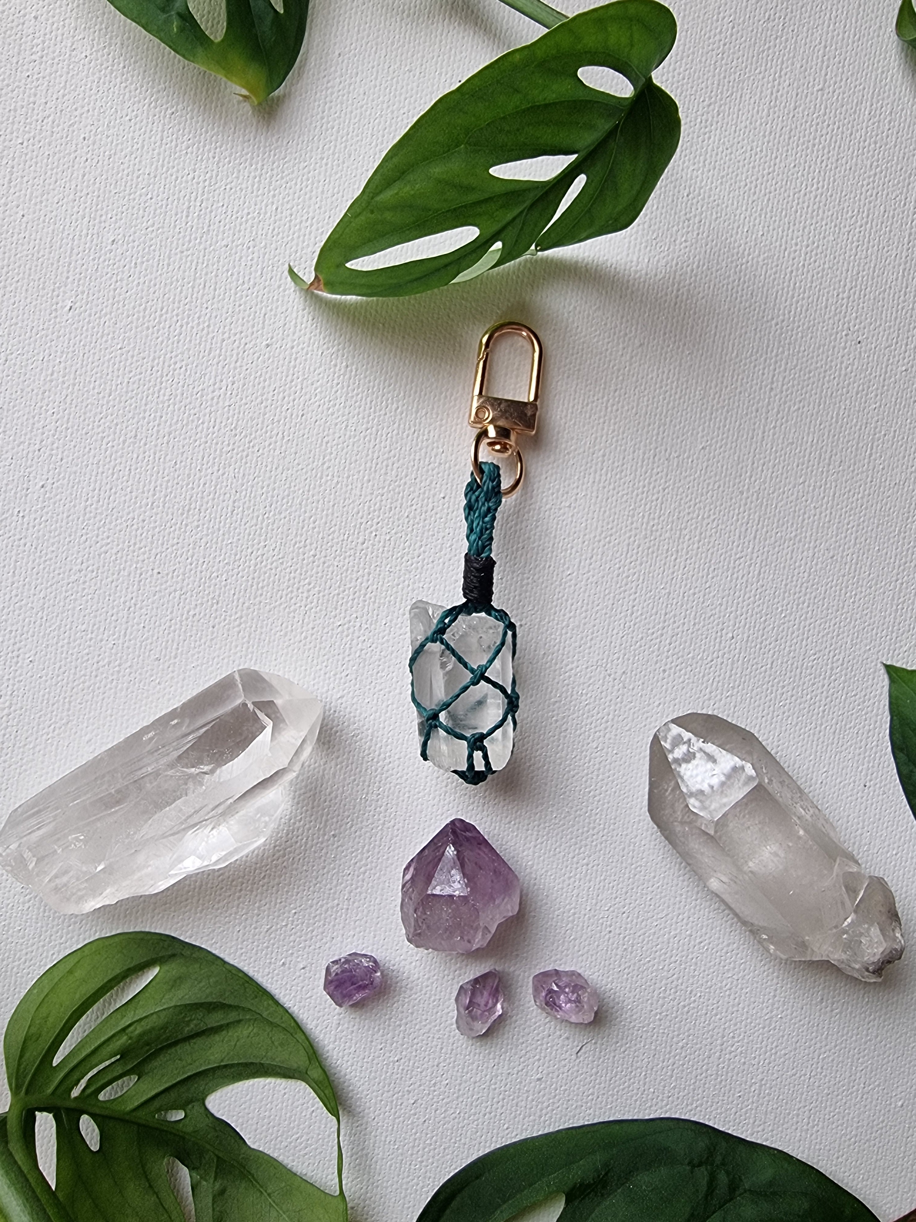 Clear quartz crystal keyring