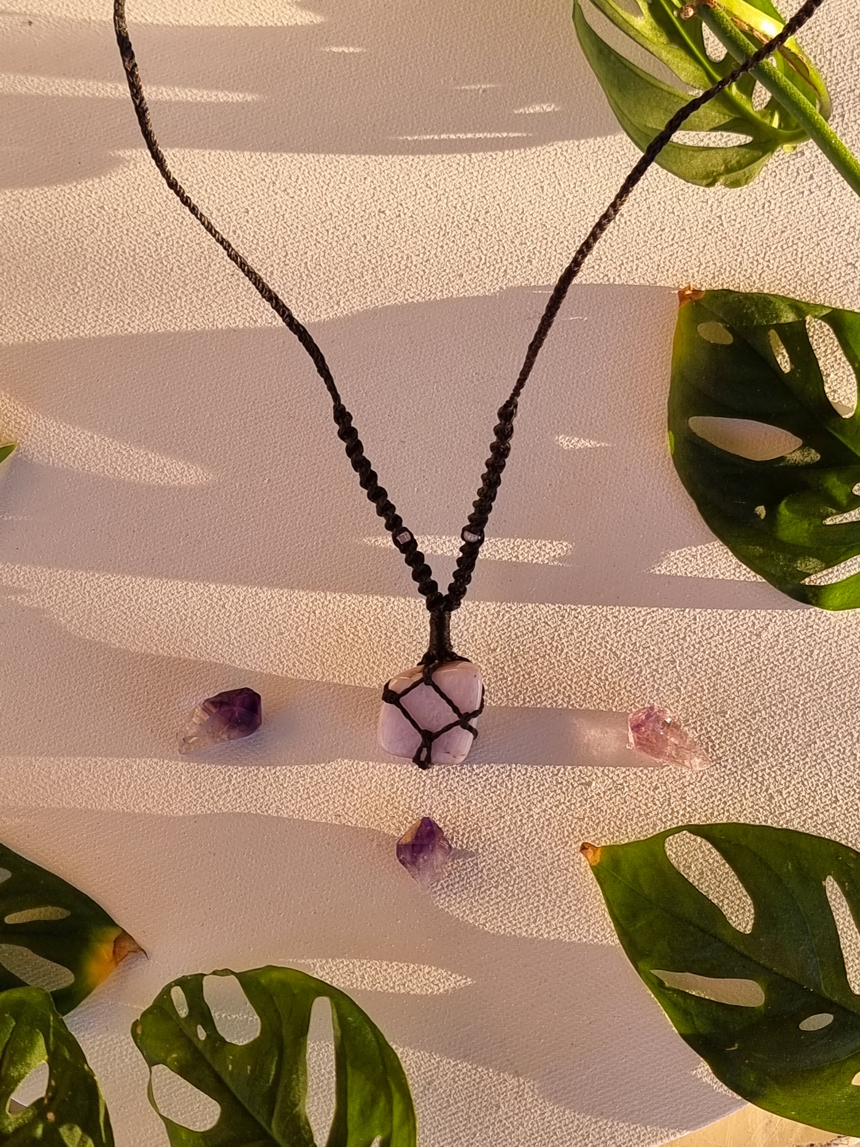 Kunzite crystal macrame necklace