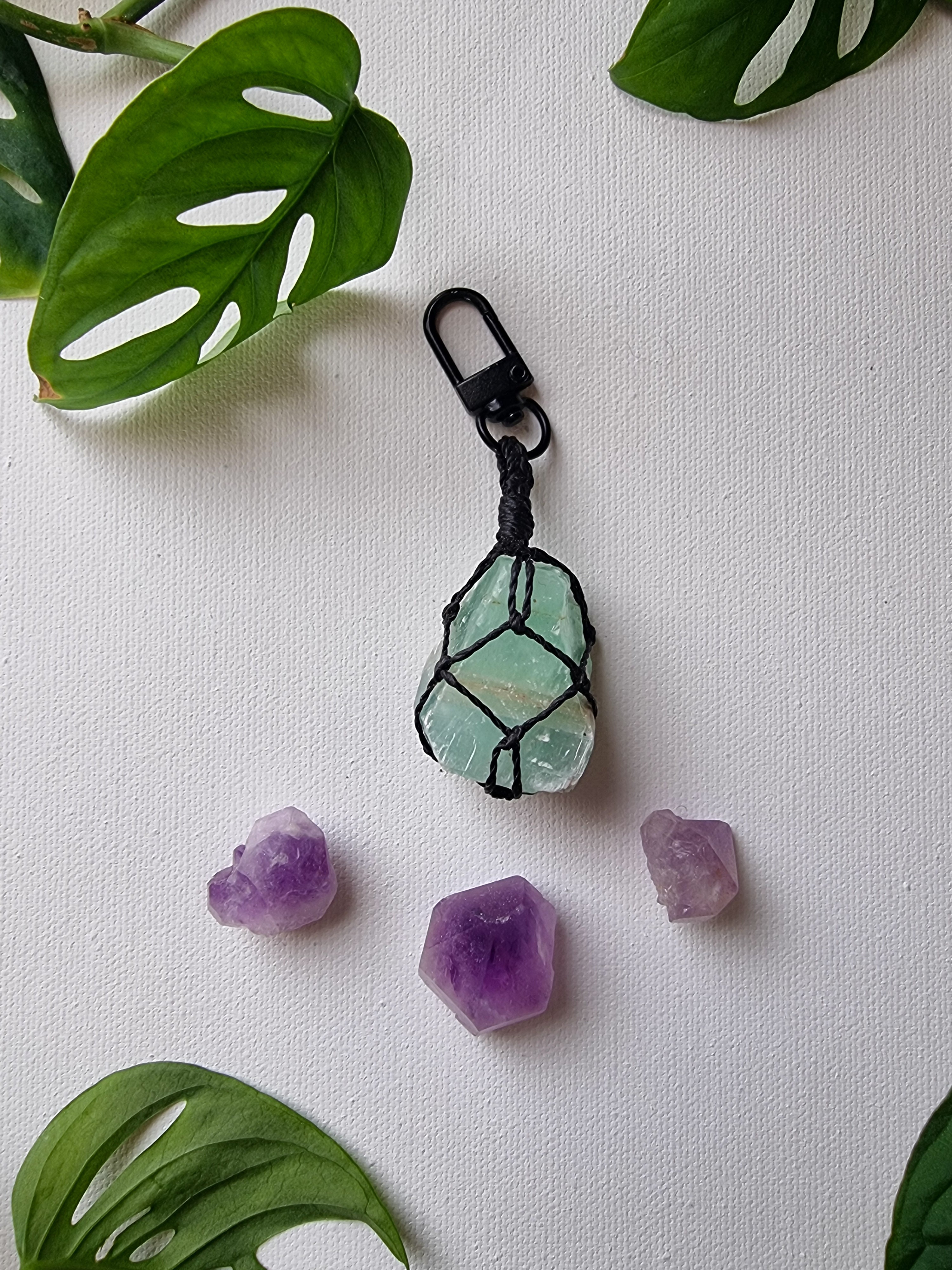 Green calcite crystal key ring