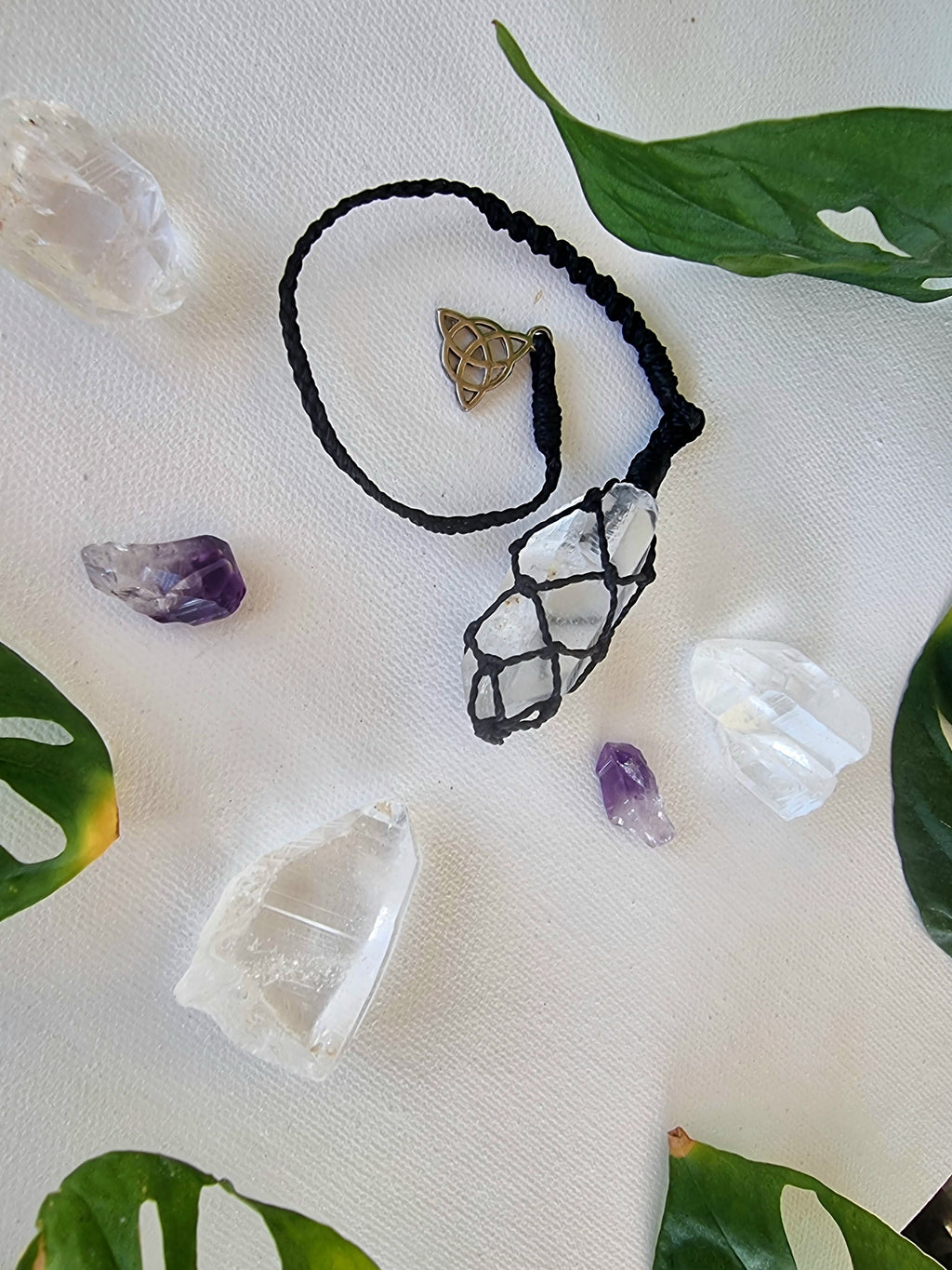 Clear quartz crystal macrame pendulum
