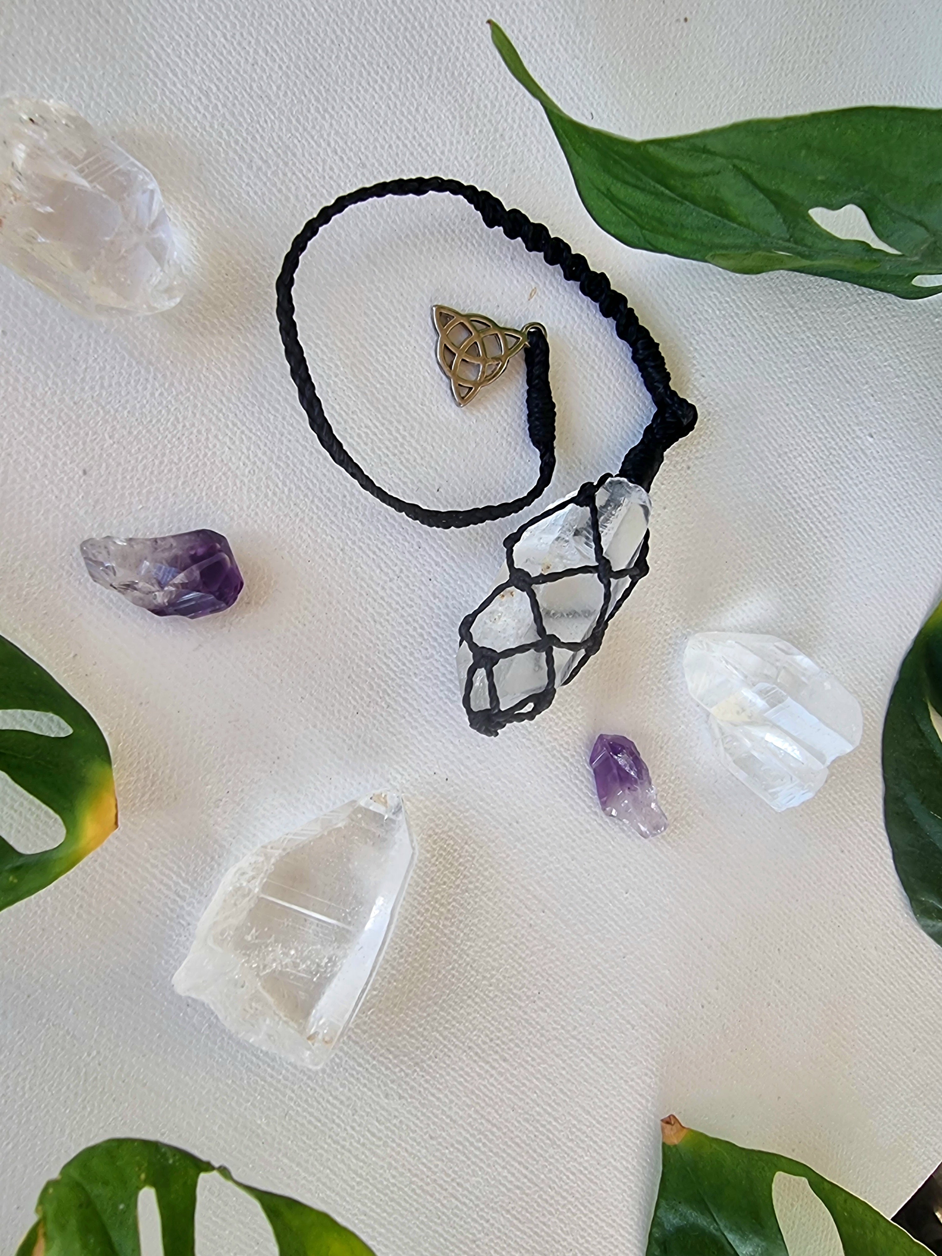 Clear quartz crystal macrame pendulum