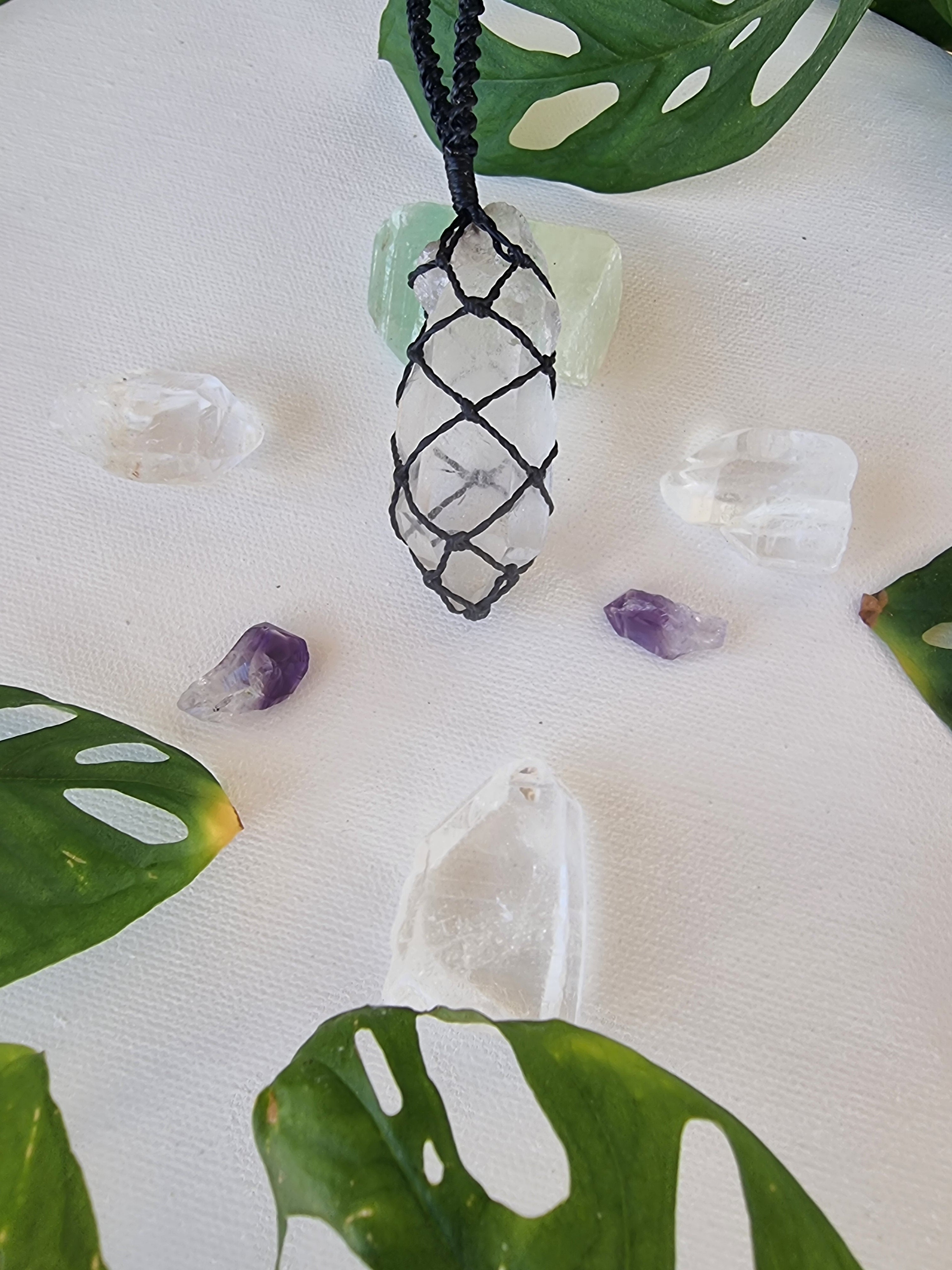 Clear quartz macrame crystal necklace