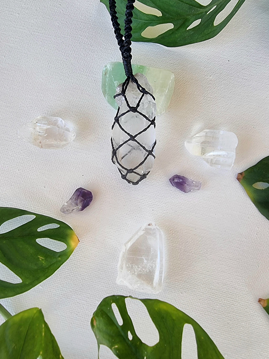 Clear quartz macrame crystal necklace