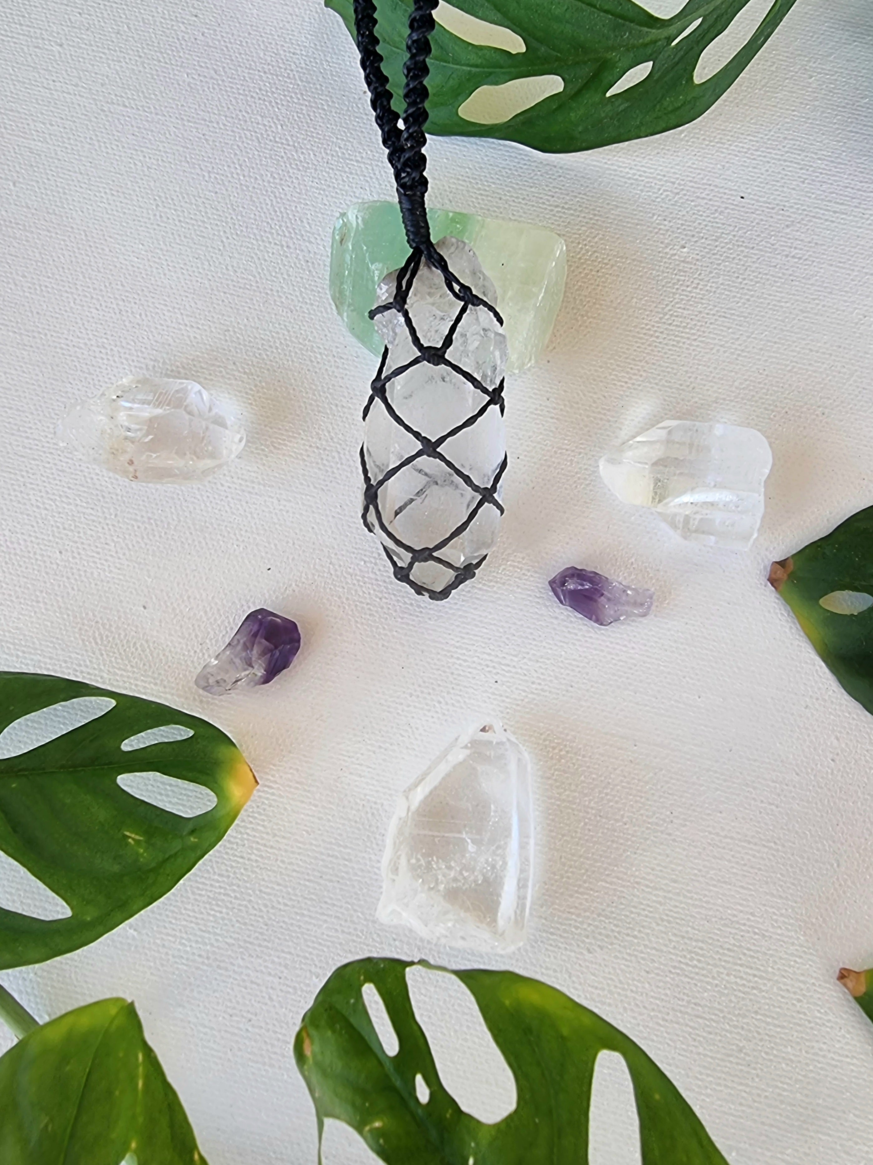 Clear quartz macrame crystal necklace